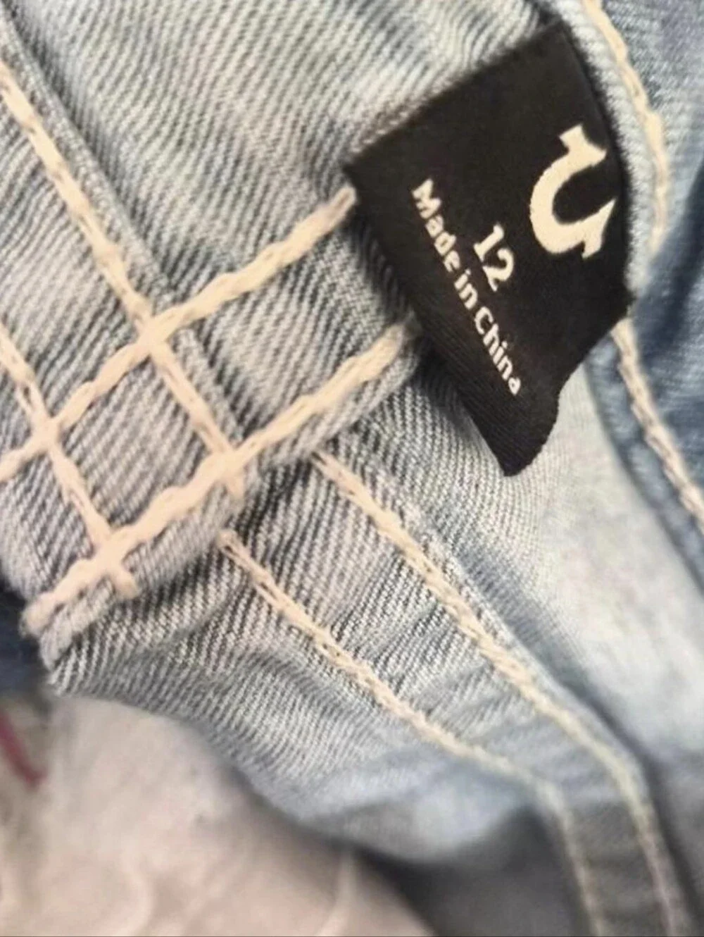 True Religion Light Blue Cargo Wide-Leg Jeans with Pink Stitching